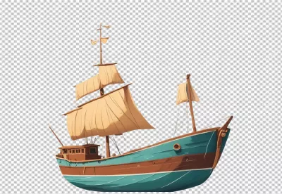 Classic Wooden Sailboat Featuring Large Beige Canvas Sails and Vibrant Teal Detailing image