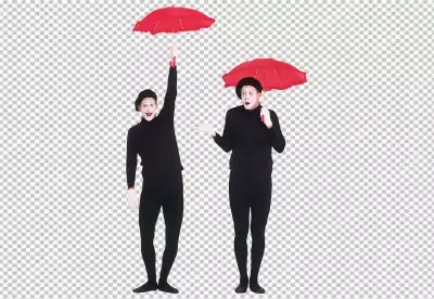 Clown character black dress tow boys with red umbrella