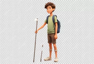 Smiling 3D Character Boy with Backpack and Trekking Pole image