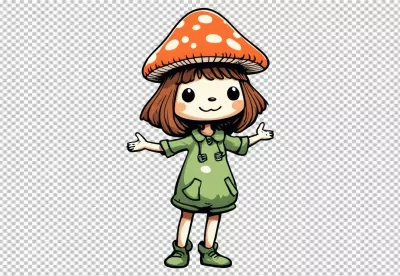 Cute Cartoon Girl with Mushroom Hat, Happy Whimsical Fantasy Character Illustration image