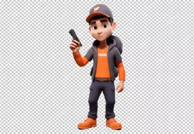 Smiling 3D Animated Young Man in Cap and Backpack Holding a Small Device image