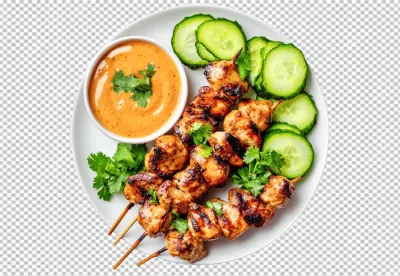 Delicious Chicken Satay Skewers with Creamy Peanut Sauce and Fresh Cucumbers image