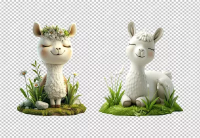 Adorable Llama Figurines Smiling in Lush Greenery with Delicate Flowers image