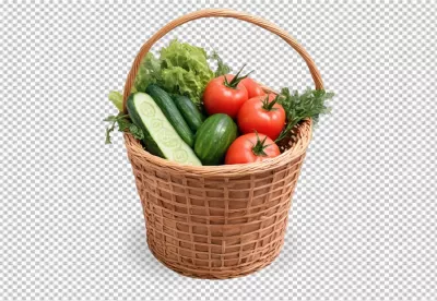 Healthy Summer Vegetables: Ripe Tomatoes, Cucumbers, and Lettuce in Wicker Basket image