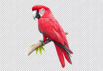 Vibrant Red Parrot Perched Gracefully on a Branch High Quality PNG Cutout Image image