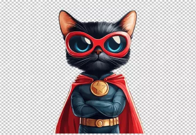 Adorable Superhero Black Cat with Red Cape and Glasses PNG Cutout image
