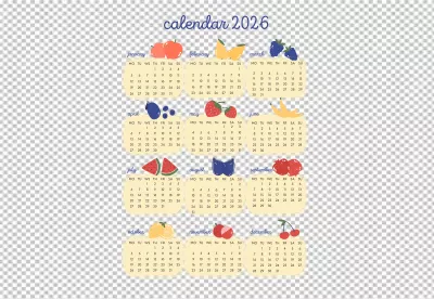 Colorful 2026 Calendar with Monthly Fruit Illustrations and Planner Grid image
