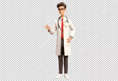 Smiling 3D Animated Male Doctor in White Coat Pointing, Healthcare Professional image