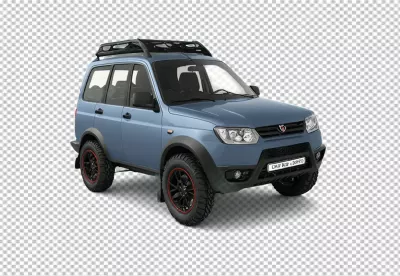 Blue All-Terrain SUV with Roof Rack and Rugged Tires on White Background image