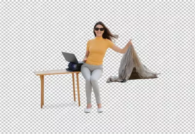 Happy Woman Remote Working Outdoors with Laptop and Small Tent image
