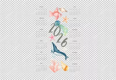 Year 2026 Calendar with Watercolor Marine Life and Undersea Creatures Illustrations image