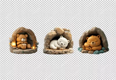 Three Adorable Sleeping Bears Cozying Up in Whimsical Forest Dens PNG Cutout image