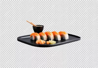 Delicious Salmon Sushi Rolls with Wasabi, Pickled Ginger, and Soy Sauce image
