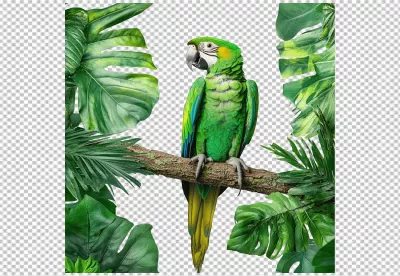 Vibrant Green Parrot Perched on Branch with Tropical Leaves PNG Cutout image