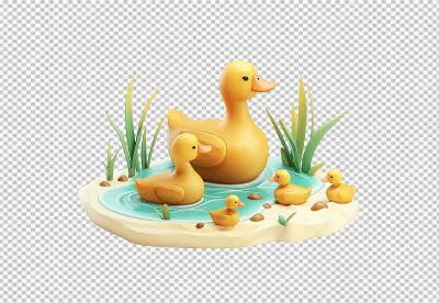 Cute 3D Duck Family Floating in a Pond Playful Yellow Ducklings for Kids' Design HD PNG image