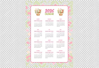 Elegant Floral 2026 Yearly Calendar with Pink Tulips and Green Leaves image