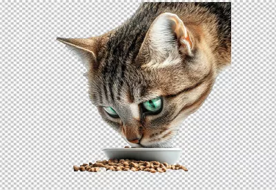 Tabby Cat Eating Dry Food from Bowl PNG Image - Pet Nutrition Cutout image