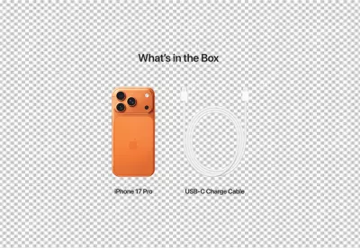 Orange iPhone 17 Pro with USB-C Charge Cable Inside Box Contents image