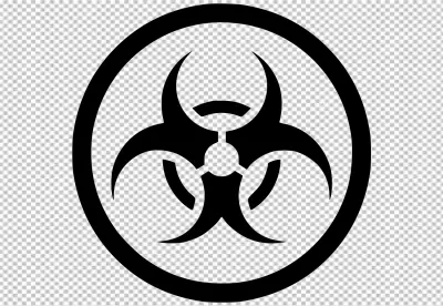 Biohazard symbol outline on black circular background