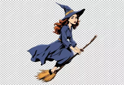 Dynamic Cartoon Witch Character Flying on Magical Broom for Halloween Festivities image