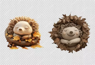 Adorable 3D Rendered Sleeping Hedgehogs with Autumn Leaves and Pinecones PNG image