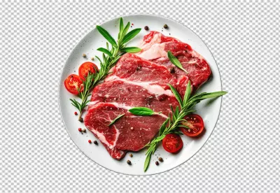 Fresh Raw Beef Steaks with Aromatic Rosemary and Ripe Tomatoes Ready for Healthy Cooking image