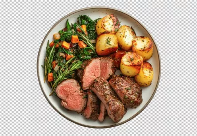 Gourmet Sliced Steak Dinner with Roasted Potatoes and Fresh Rosemary Greens image