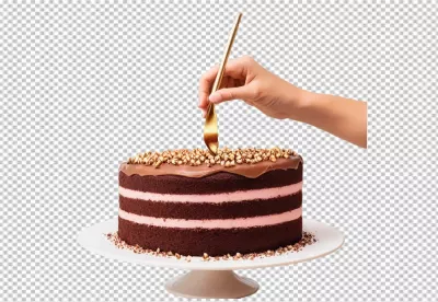 Hand Digging into Decadent Chocolate Cake with Pink Layers and Golden Sprinkles image