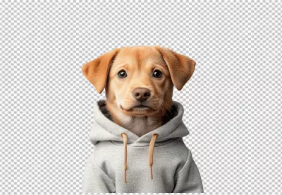 Adorable Puppy in Stylish Grey Hoodie Looking at Camera Cute Pet PNG image