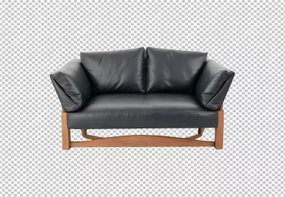 Stylish Black Leather Sofa with Natural Wooden Frame on White Background image