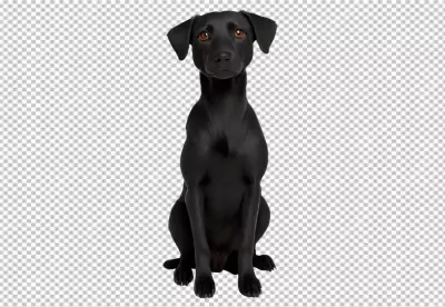 Graceful Black Dog Sitting Attentively with Warm Brown Eyes on White Background image
