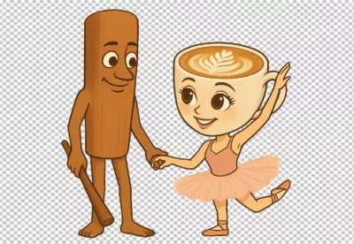 Charming Cartoon Cinnamon Stick Character Dancing with Latte Art Ballerina image