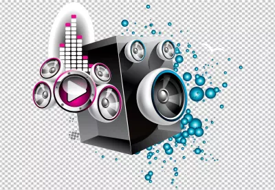 Modern Speaker System with Play Button and Sound Equalizer Abstract Background