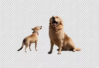 Joyful Golden Retriever and inquisitive smaller dog on a clean white backdrop image