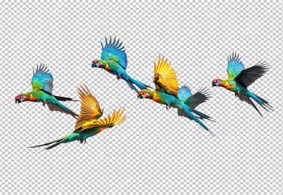 Vibrant Macaw Parrots Flying in Dynamic Formation, Colorful Bird Collection PNG Cutout image