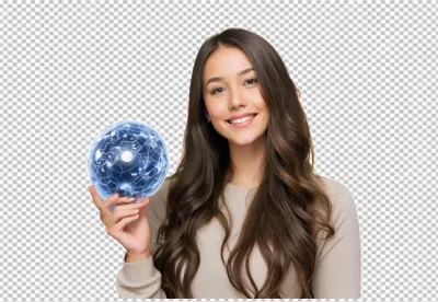 Smiling Young Woman Holding Glowing Blue Network Sphere Representing Digital Future and AI image
