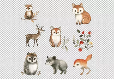 Cute Watercolor Forest Animals and Autumn Botanicals Collection PNG image