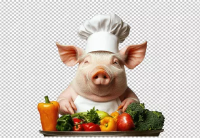 Smiling Pig Chef Presents Healthy Vegetables Culinary Mascot for Delicious Meal image