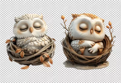 Adorable Sleeping Baby Owls in Cozy Nests PNG for Creative Projects image