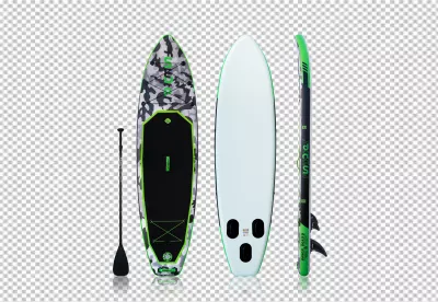Modern Inflatable Camouflage Stand Up Paddleboard and Paddle Kit on Black Background image