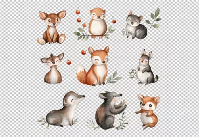 Adorable Watercolor Forest Animals Collection for Kids' Designs and Nursery Decor image