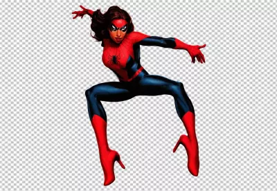 Dynamic Female Superhero in Red and Black Spider-Themed Costume with High Heels image