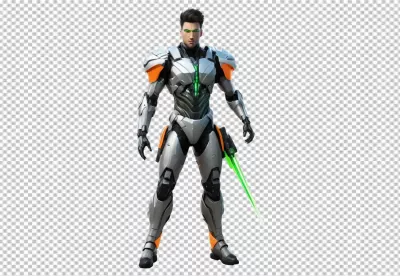 Futuristic Male Warrior in Advanced Silver Armor with Glowing Green Sword and Eyes image