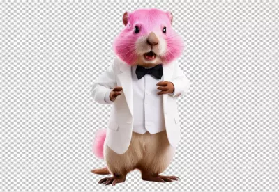 Whimsical Pink Rodent in White Tuxedo and Black Bow Tie Expressing Playful Surprise image