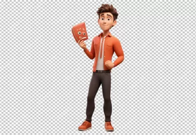 Smiling 3D Cartoon Man Holding Whimsical Book with Expressive Faces image