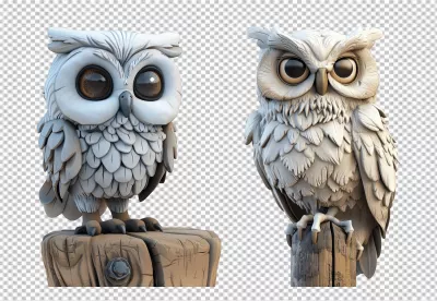 Pair of White Owl Statues: Cute Cartoon and Realistic 3D Render Art image