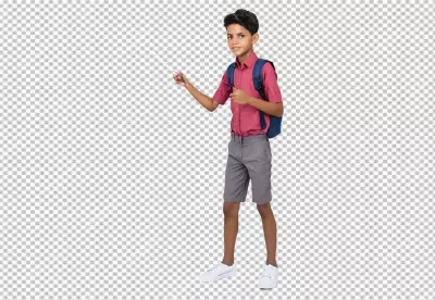 Young Boy Student with Backpack and Pointer Stick Presenting Upward image