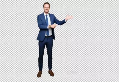 Confident Businessman in Blue Suit Pointing to Showcase New Opportunities or Ideas image