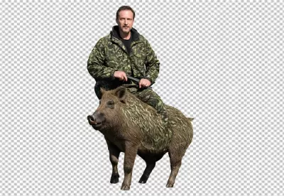 Adventurous Hunter in Camouflage Riding a Wild Boar with a Rifle image