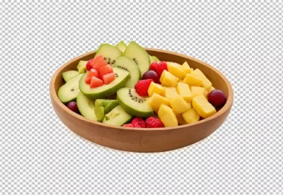 Vibrant and Fresh Mixed Fruit Salad with Kiwi, Mango, and Raspberries in Wooden Bowl image